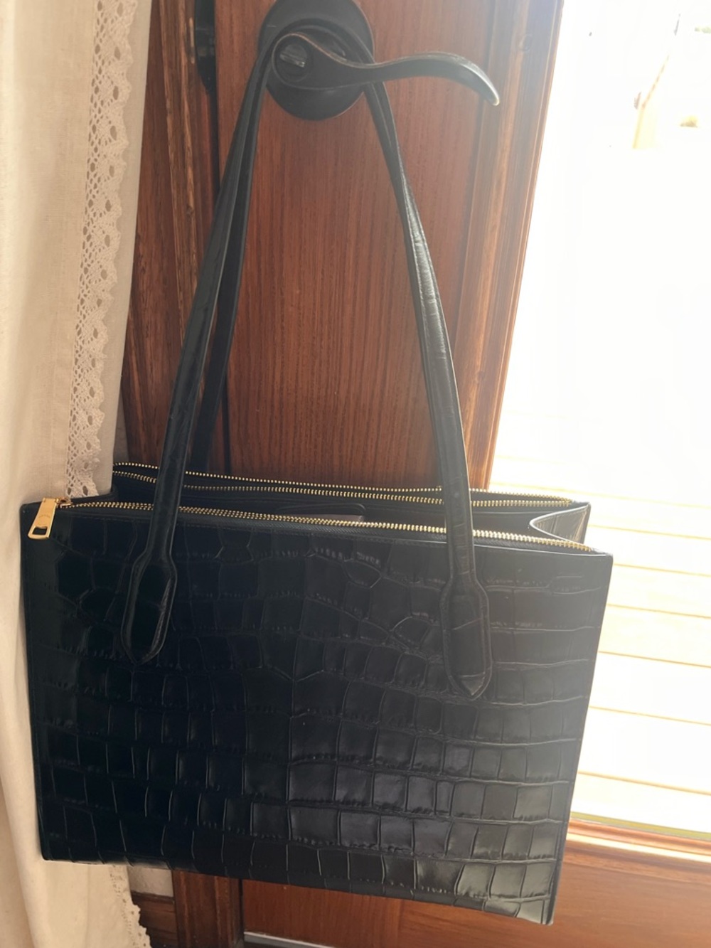 Coach Black Croc-Embossed Leather Tote with Gold Logo - Picture 2 of 4